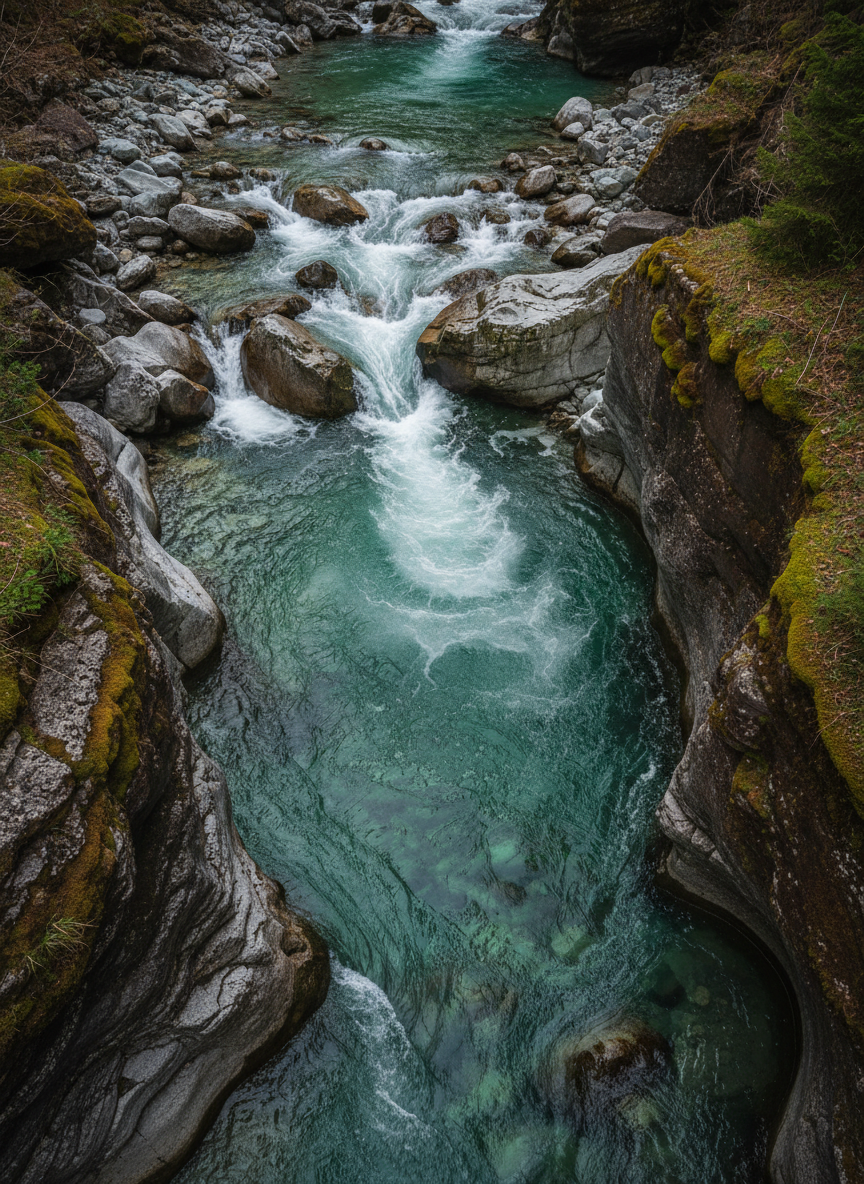 A high-resolution, photographic close-up of the Aare’s signature turquoise water swirling past rounded granite boulders near a narrow gorge. Fine bubbles and streaks of white foam trace dynamic patterns on the surface, while moss-covered rock faces frame the edges of the image. Diffused, slightly cool daylight from an overcast sky reduces harsh shadows and brings out subtle variations in the green-blue tones. Shot from directly above with a bird’s-eye perspective and sharp detail, the composition emphasizes texture, movement, and the pure alpine character of the river, creating a serene yet powerful mood suitable for illustrating the natural beauty of a Swiss river hiking route.