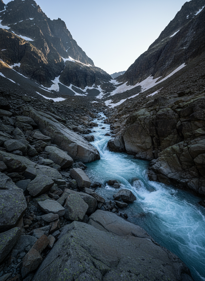A dramatic, photographic view of the upper Aare near Grimsel, where the river emerges from a steep, rocky alpine valley. In the foreground, angular granite slabs and scattered scree lead the eye toward a narrow, fast-flowing river channel of milky blue glacial water. Higher up, dark cliffs rise on both sides, with a hint of snow patches clinging in crevices. Late-afternoon mountain light creates strong side illumination, carving crisp shadows into the terrain and giving the water a luminous quality. Shot from a slightly low, forward-facing angle with wide depth of field, the composition feels wild, remote, and conclusive, visually marking the end point of the long Aare river hike described on the site.