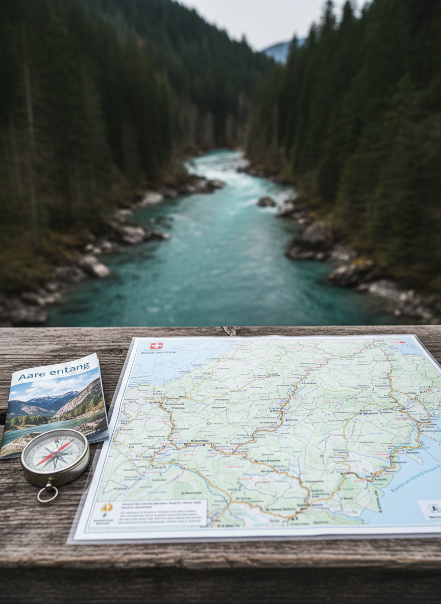 A detailed, realistic photograph of a Swiss river hiking map spread out on a weathered wooden viewing platform above the Aare, showing the route from the Rhine mouth to Grimsel. The laminated map surface catches soft overcast daylight, with clearly visible contour lines, stages, and blue river course. Beside it lies a compact metal compass and a folded, brightly colored hiking brochure labeled “Aare entlang”. In the background, slightly out of focus, the Aare flows below between forested banks. Captured from an eye-level close-up angle using shallow depth of field, the mood is focused and informative, emphasizing planning and orientation for multi-day river hikes in a clean, professional travel documentation style.