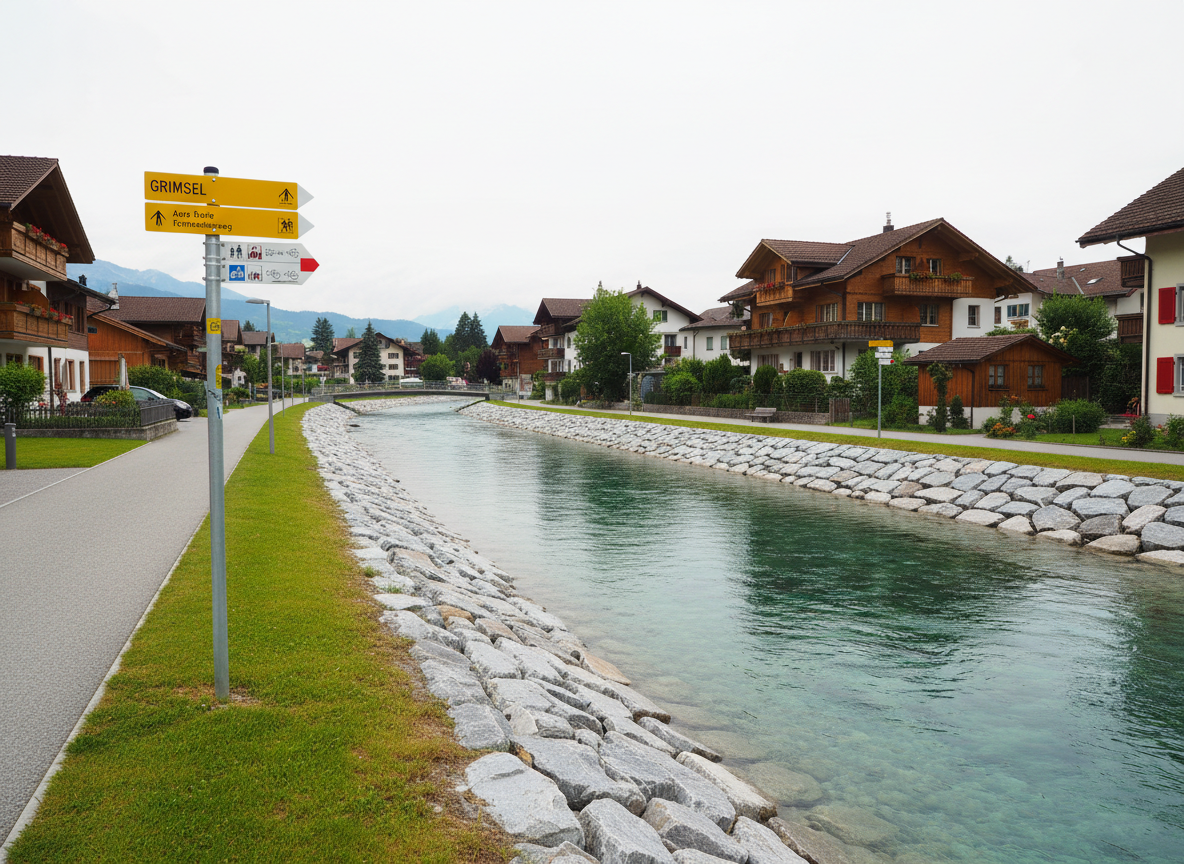 A photographic, mid-distance view of a calm Aare section near a Swiss town, with a well-maintained riverside path and discrete signage for the long-distance route toward Grimsel. The river, a clear blue-green ribbon, flows gently alongside a grassy embankment reinforced with neatly placed stones. Modern metal signposts with yellow and red hiking route indicators stand at the path’s edge, their symbols crisp and legible. The sky is bright but slightly overcast, giving even, neutral lighting that reduces contrast and allows all details to be clearly visible. Captured from a slightly elevated angle with sharp focus, the composition is balanced and informative, ideal for illustrating route infrastructure and accessibility on a professional travel guide site.