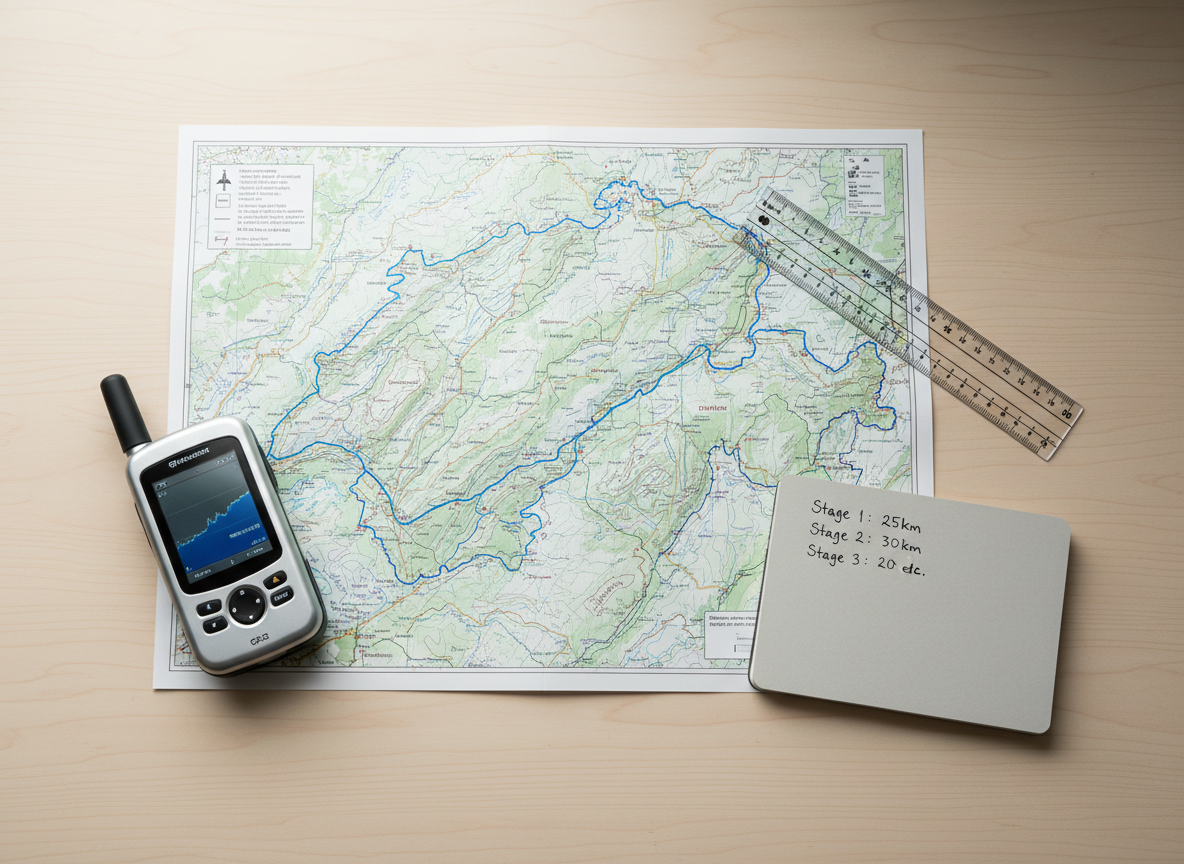 A clean, realistic overhead photograph of a minimalist planning setup for an Aare river trek from the Rhine mouth to Grimsel. On a light wooden table lies a large, unfolded topographic map of Switzerland, with the Aare route neatly traced in a thin blue line. Next to it: a sleek silver GPS device displaying an elevation profile, a transparent plastic map ruler, and a small notebook with neatly written stage distances. Soft, indirect daylight from a nearby window creates gentle, shadowless illumination, focusing attention on the printed details. The composition is carefully arranged with clear negative space around the objects, conveying a professional, organized, and trustworthy mood suitable for an expert travel planning website.