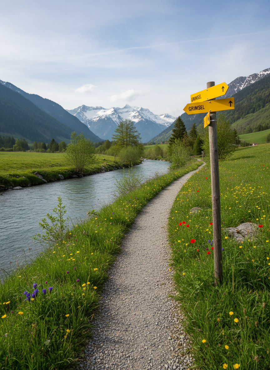 A panoramic, photographic scene of a well-marked river hiking trail running parallel to the Aare in Switzerland, somewhere mid-route between the lowlands and the high Alps. A firm, narrow gravel path follows the gently curving river, bordered by lush grasses, wildflowers, and occasional wooden waymarkers with yellow directional signs pointing upstream toward Grimsel. The Aare flows calmly to the left, reflecting a bright spring sky with scattered clouds. Soft morning light casts long, delicate shadows from shrubs and rocks, creating depth without harsh contrast. Captured at eye level with a wide-angle lens for strong sense of perspective, the mood is inviting, orderly, and quietly adventurous, matching a professional, informational travel site aesthetic.
